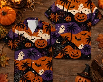 Camisa hawaiana retro vintage de calabaza para Halloween para hombres, mujeres y jóvenes, camisa hawaiana tropical con fantasmas, camisa abotonada con palmera espeluznante, regalo para fiesta de Halloween