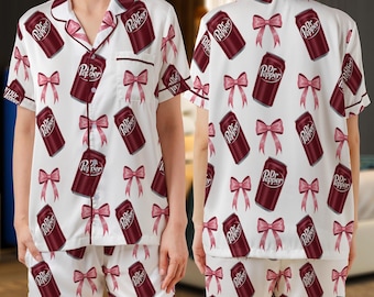 Coquette Dr Pepper Satin Pajama Set, Dr Pepper Lover, Pink Soda Drink Pjs, Soda Lover Gift, Funny Drink Sleepwear, Christmas Pajamas Party