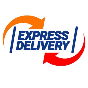 Puede incluir: Gráfico con las palabras "EXPRESS DELIVERY" en azul, con una flecha naranja que apunta hacia arriba y una flecha roja que apunta hacia abajo, sobre un fondo blanco. Dos líneas verticales azules enmarcan el texto.