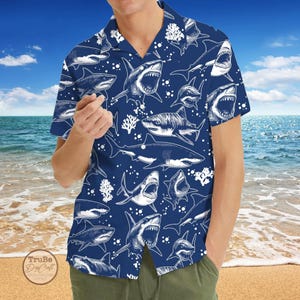 Navy Shark Hawaii Shirt for Men Women Youth, Ocean Shark Summer Aloha Shirt, Holiday Vacation Outfit, Shark Lovers Shirt, Animal Gifts