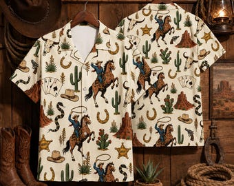 Western Cowboy Hawaiian Shirt Men Women Youth, Wild West Poker Card Rodeo Aloha Shirt, Desert Horse Cactus Summer Button Shirt,Western Style