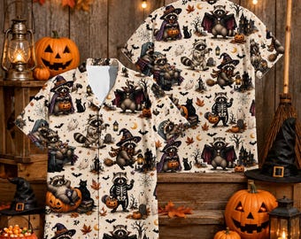 Funny Raccoon Halloween Hawaiian Shirt Men Women Youth, Spooky Season Aloha Shirt, Summerween Outfit, Raccoon Pumpkin Shirt, Raccoon Lovers