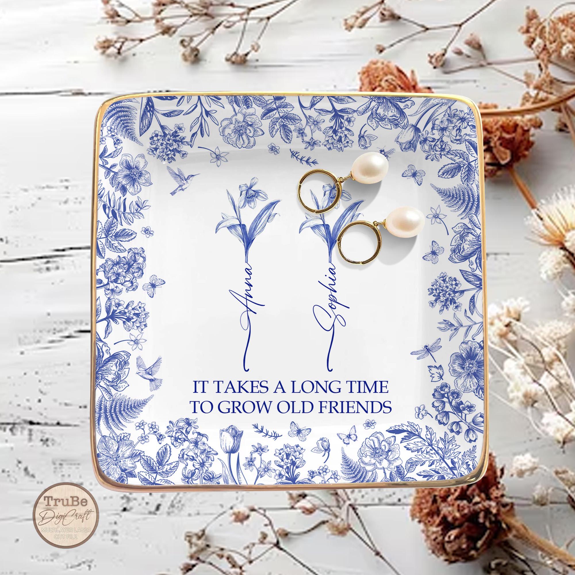 Personalized Best Friend Ring Dish - Ceramic Jewelry Tray With Names & 'If Besties Were Flowers' Quote