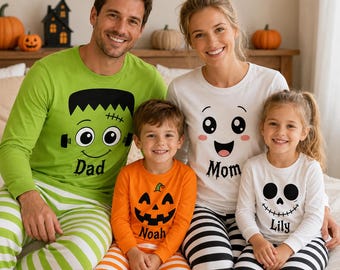 Personalized Family Matching Pjs Halloween Pajama Set, Pumpkin Frankenstein Ghost Striped Pajamas,Cute Spooky Family Loungewear Holiday Gift