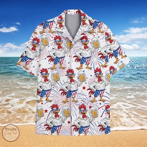 May include: A white button-up shirt with a pattern of roosters holding beer mugs and fireworks. The roosters are wearing red, white, and blue clothing.