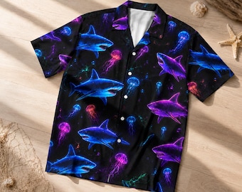 Neon Shark Hawaiian Shirt for Men Women Youth, Funny Shark Aloha Shirt, Summer Beach Party Outfit, Sea Animal Lovers Gift, Youth Shark Shirt