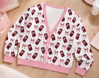 Coquette Dr Pepper Cardigan Sweater, Pinky Soda Bow Sweatshirt, Dr Pepper with Ribbon Cardigan, Dr Pepper Lovers Gift, Soda Drinking Shirt