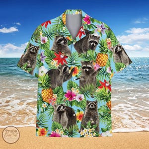 Tropical Raccoon Hawaii Shirt for Men Women Youth, Summer Raccoon Aloha Shirt, Raccoon Button Shirt, Animal Lovers Gìts, Raccoon Shirts