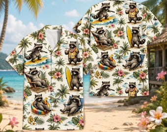 Tropical Raccoon Hawaii Shirt for Men Women Youth, Funny Raccoon Surfing Aloha Shirt, Trash Panda Summer Beach Shirt, Holiday Beach Party