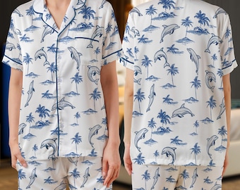 Ocean Life Satin Pajama Set: Nautical Whale & Shell Print