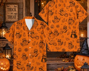 Halloween Raccoon Hawaiian Shirt Men Women Youth, Spooky Raccoon Costume Aloha Shirt, Halloween Party Outfit, Seasonal Gifts, Raccoon Themed