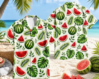 Tropical Watermelon Hawaiian Shirt Men Women Youth, Summer Fruit Aloha Button Shirt, Beach Party Outfit, Watermelon Lovers Gift