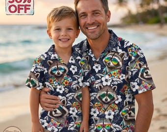 Hawaiiaans shirt tropische wasbeer mannen vrouwen jeugd, shirt hibiscus wasbeer, wasbeer knop omhoog, zomerstrandshirt, wasbeerliefhebbers, vakantiereis