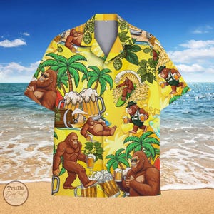 May include: A yellow and green Hawaiian shirt with a pattern of cartoon gorillas, palm trees, and beer mugs. The shirt has a button-up front and short sleeves.