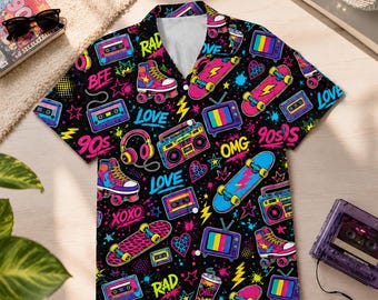 Retro 80s Pop Art Hawaiian Shirt for Men Women Youth, Neon Cassette Skateboard Headphone Shirt, Vintage 90s Party Button-Up Summer Shirt
