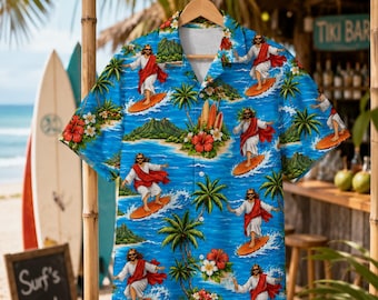 Jesus Surfing Hawaiian Shirt Men Women Youth, Funny Christian Beach Shirt, Summer Tropical Button Up, Religious Surf Aloha Shirt Gift