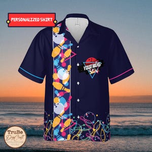 Personalized Colorful Bowling Hawaii Shirt for Men Women Youth,Custom Name Button Down Shirt, Matching Bowling Team Shirt,Bowling Lover Gift
