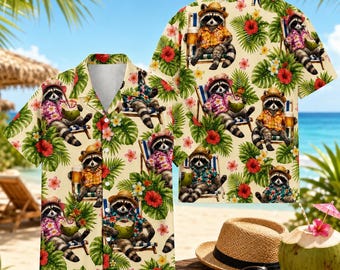 Tropical Raccoon Hawaiian Shirt for Men Women Youth, Cute Raccoon Summer Aloha Beach Shirt, Raccoon Lovers Gift, Animal Themed Shirt