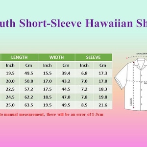 Op de afbeelding: Maattabel voor korte mouw Hawaiiaanse shirts voor jongeren. De tabel toont de maten in inches en centimeters voor lengte, breedte en mouwlengte. De maten zijn YXS, YS, YM, YL en YXL.