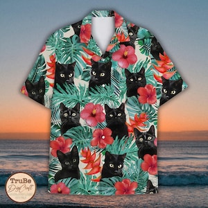 Tropical Black Cat Hawaiian Shirt Men Women Youth, Cute Black Cat Button Up, Summer Beach Shirt, Cat Lovers, Pet Owner Gift, Family Matching