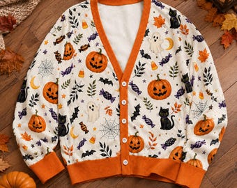 Retro Halloween Cardigan, Vintage Spooky Season Knitted Sweater, Cozy Fall Holiday Outfit, Autumn Cardigan, Trick or Treat Halloween Party