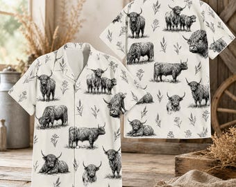 Vintage Highland Cow Hawaiian Shirt for Men Women Youth, Cute Cow Button Down Shirt Holiday Summer Beach Short Sleeve Shirt,  Farmer Gifts