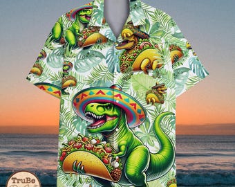 Hawaiian Shirts For Men - Vintage Dinosaur Print Aloha Shirts, Short Sleeve Button Down Beach Shirts, Multicolor, Large