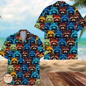 Limited Colorful Raccoon Hawaii Shirt, Raccoon Button Down, Fun Animal Print Beachwear, Vibrant Summer Tropical Party Outfit, Racoon Lovers