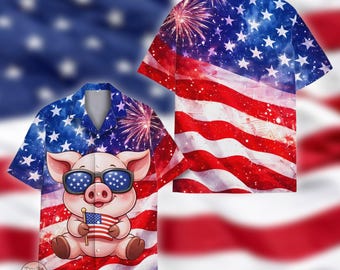 Pig Hawaiian Shirt, Patriotic American Flag Aloha Button Shirt