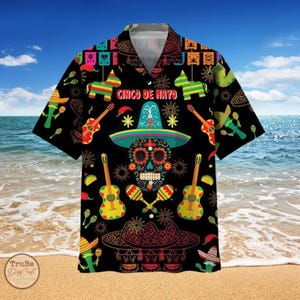 Camisa hawaiana del Cinco de Mayo para hombres, mujeres y jóvenes, camisa hawaiana con calavera y tacos, camisa de manga corta con botones "Let's Fiesta", regalos de la Independencia de México