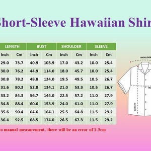 Op de afbeelding: Maattabel voor een Hawaiiaans overhemd met korte mouwen met afmetingen in inches en centimeters. De tabel toont de maat, lengte, borst, schouder en mouwlengte voor maten S tot en met 5XL.
