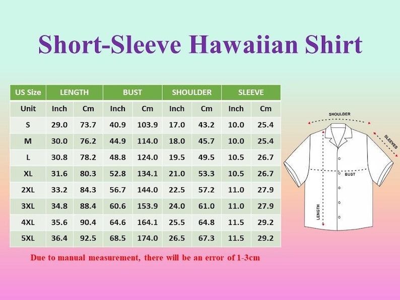 Op de afbeelding: Maattabel voor een Hawaiiaans overhemd met korte mouwen met afmetingen in inches en centimeters. De tabel toont de maat, lengte, borst, schouder en mouwlengte voor maten S tot en met 5XL.