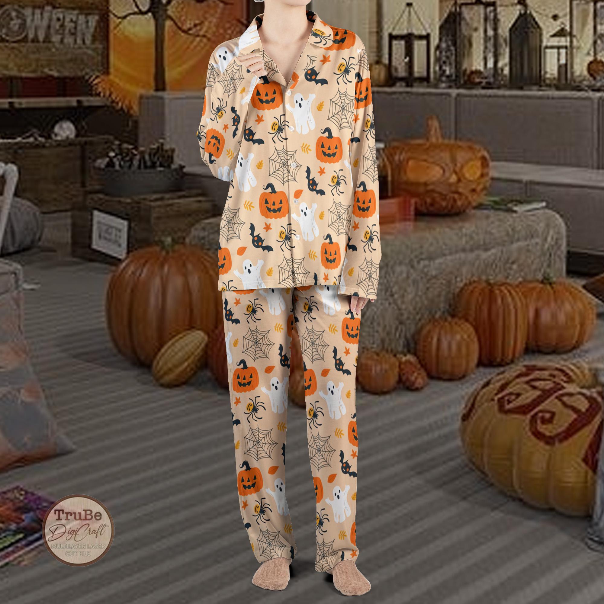 Halloween Pyjama Damen Set - Geister & Kürbis Design Kurzarm Loungeoutfit