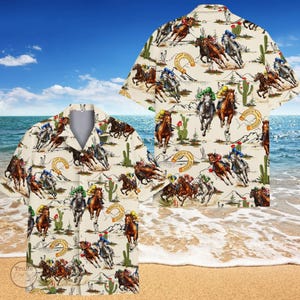 May include: A short-sleeved button-down shirt with a repeating pattern of horse racing scenes, horseshoes, and cacti on a cream background. The shirt features a classic collar and a relaxed fit, perfect for casual wear.