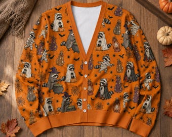 Raccoon Halloween Cardigan Sweater, Funny Trash Panda Costume Sweatshirt, Raccoon Lovers Shirt, Spooky Season Shirt, Halloween Party Outfit