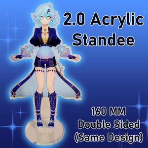 May include: An acrylic standee featuring an anime-style character with light blue hair, wearing a dark blue jacket, shorts, and boots. The text reads 2.0 Acrylic Standee and 160 MM Double Sided (Same Design). The character has star-shaped accents.