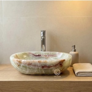 Green onyx vessel sink l natural stone bathroom basin l rectangular countertop washbasin l modern powder room decor