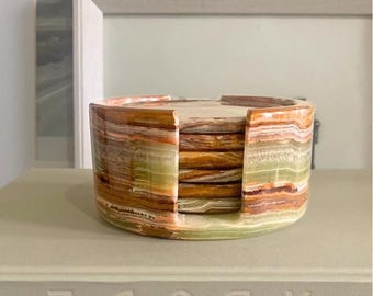 Posavasos de ónix hechos a mano, juego de 6 (posavasos de piedra natural de 10 cm, posavasos de mármol, posavasos de cristal de ónix, posavasos verdes, posavasos rosas)