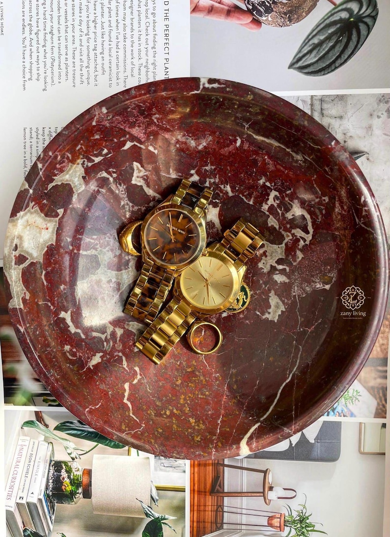 Cuenco artesanal de mármol Cherry Rosso Levanto de 20 cm, centro de mesa decorativo, joyero, recipiente multiusos de mármol. imagen 2