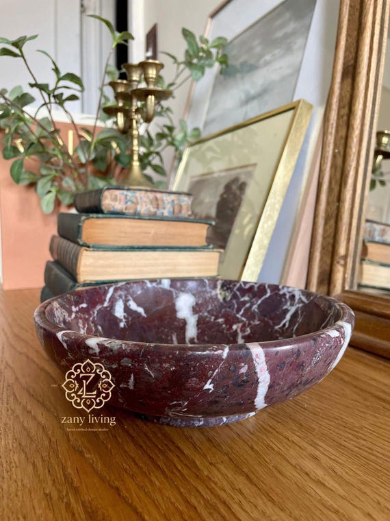 Hand-crafted Cherry Rosso Levanto 8" Bowl, Decorative Marble centerpiece, Jewelry Holder, Marble Catch-all
