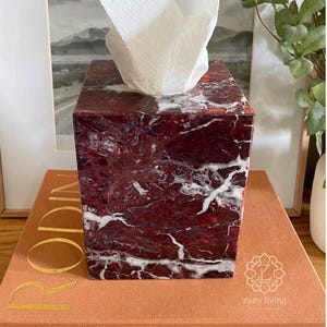 May include: A rectangular tissue box made of red marble with white veining, holding white tissues. The box sits on a stack of books, including one titled "Auguste Rodin". The overall aesthetic is modern and elegant.