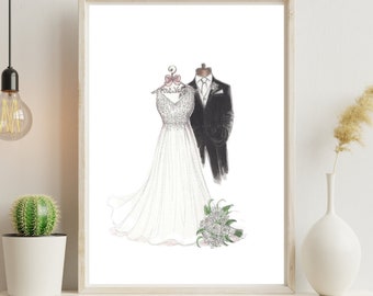 Wedding Dress Sketch: Bridal Shower Gift, Bride Gift (8x10)