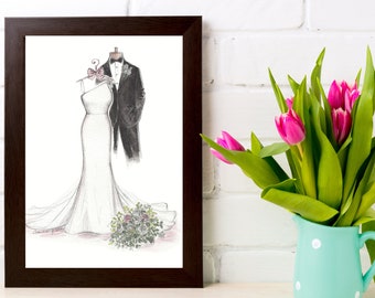 Wedding Dress Sketch: First Anniversary Paper Gift, Custom Bridal Art