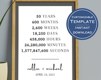 50 Year Anniversary Gift, Fifty Year Anniversary Gift,  50 Anniversary Gift, Gift For Her, Wall Art, Instant Download, Printable Wall Art