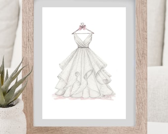 Personalized Wedding Dress Sketch: Gift for Bride from Maid of Honor (8x10)