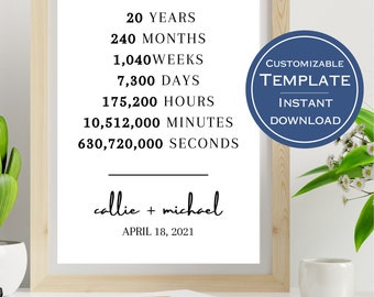 20 Year Anniversary Gift, Twenty Year Anniversary Gift,  Anniversary, Digital Print, Printable Wall Art, Digital Art, Gift For Her, Wall Art