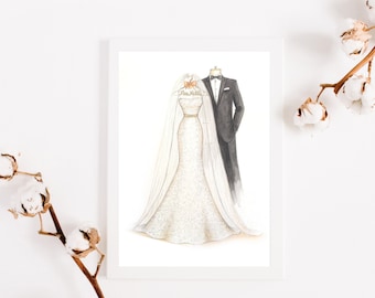 Custom Wedding Dress Illustration: Personalized Bridal Portrait, Handmade 8x10 Artwork