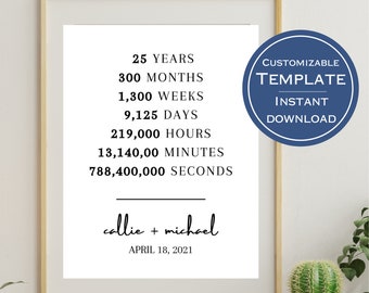 25 Year Anniversary Gift, Twenty Five Year Anniversary Gift,  Anniversary Gift, Digital Print, Printable Wall Art, Digital Art, Gift For Her