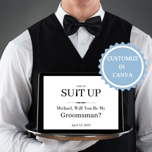 Tijd om je aan te passen, voorstelkaart stalknecht, Will You Be My Groomsman, Time To Suit Up voorstelkaart, kaart voor huwelijksaanzoek, kostuum, canvasdoek