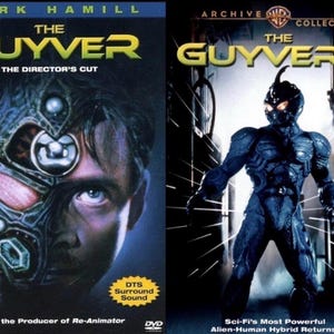 Puede incluir: Dos portadas de DVD de las películas "The Guyver". La primera presenta a Mark Hamill y el texto "The Guyver: The Director's Cut". La segunda portada es para "The Guyver 2" y muestra una figura futurista blindada. Ambas portadas tienen fondos oscuros.